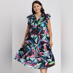 Umgee Full Size Leaf Print Double Layered Ruffle Sleeve Tiered Midi Dress🛍️